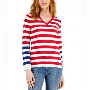 Tommy Hilfiger Women's Cotton V-Neck Striped Sweater